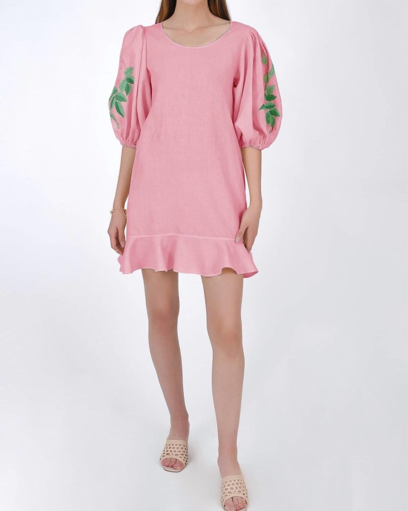Front of a model wearing a size L Naril Dress in Geranium Pink in Geranium Pink by Fanm Mon. | dia_product_style_image_id:335633